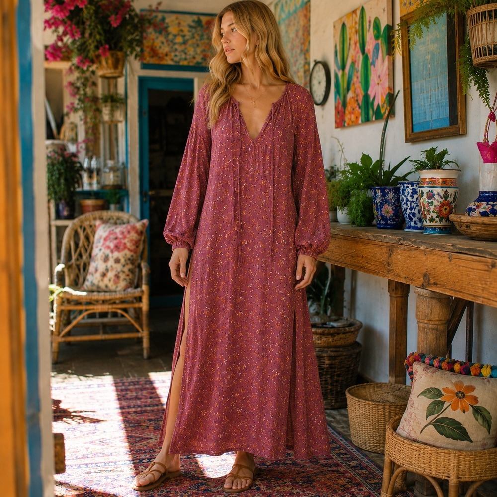 Natural Life Floral Maxi Dress Balloon Sleeve V Neck Side Slit Sz L